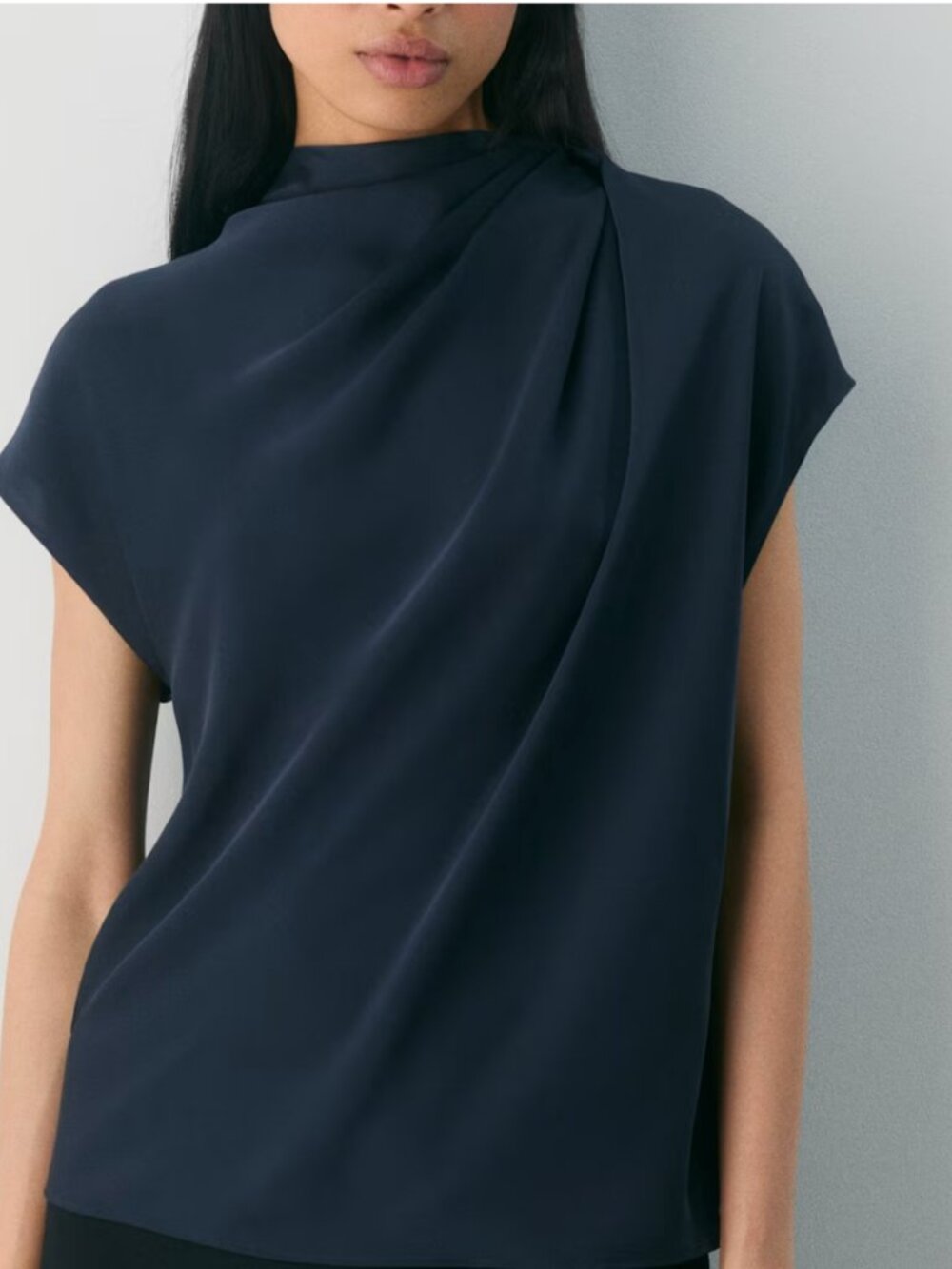 Aritzia Navy Draped Cap-Sleeve Blouse